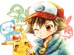  child oshawott pikachu poke_ball pokeball pokeballs pokemon pokemon_(anime) satoshi_(pokemon) smile snivy tepig 