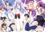  &gt;_&lt; 5girls :d ^_^ absurdres animal_ears ass bike_shorts blonde_hair blue_eyes brown_eyes brown_hair buruma cat_ears closed_eyes dust_cloud glasses gym_shorts gym_uniform hair_ribbon highres huge_filesize kikuchi_ieyase kiriya_nozomi koya_daigoro lightning long_hair mayoi_neko_overrun! multiple_boys multiple_girls naruko_kanae navel open_mouth peko ponytail purple_hair red_eyes ribbon running scan serizawa_fumino shoes short_hair shorts smile sneakers tsuzuki_otome tsuzuki_takumi twintails umenomori_chise 