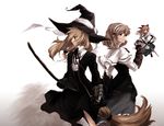  alice_margatroid alternate_costume back-to-back blonde_hair broom gauntlets glowing hairband hat kirisame_marisa long_hair looking_away multiple_girls namatarou scissors shanghai_doll short_hair touhou witch_hat 