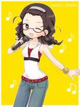  belt blue_eyes brown_hair denim forehead glasses hairband jeans kannagi kimura_takako long_hair musical_note one_eye_closed open_mouth pants sleeveless smile solo symbol-shaped_pupils tona_(nekotte) 