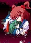  blue_eyes flower fuji_tooya green_hair hug multiple_girls onozuka_komachi red_eyes red_hair shiki_eiki spider_lily touhou 