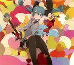  aqua_eyes aqua_hair colorful guitar hatsune_miku heart highres instrument long_hair lying nail_polish pillow solo thighhighs twintails uki_atsuya very_long_hair vocaloid 