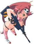  bikini_top blush boots breasts duplicate gun hair_ornament hairpin kamiya_ron long_hair medium_breasts navel rifle scarf short_shorts shorts skull_hair_ornament sniper_rifle solo tengen_toppa_gurren_lagann thighhighs trigger_discipline weapon yoko_littner 