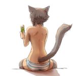  animal_ears ass black_hair blue_panties cat_ears cat_tail cellphone final_fantasy final_fantasy_xiv from_behind miqo'te nukomasu panties paw_print phone sitting solo striped striped_panties tail thighhighs topless underwear 