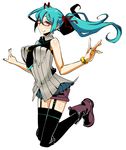  aqua_hair bespectacled boots bracelet breasts full_body garter_straps glasses hair_ribbon hatsune_miku inayama jewelry kanemaki_thomas large_breasts long_hair nail_polish necktie red_eyes ribbon shorts simple_background solo thighhighs twintails vocaloid 