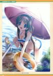  absurdres bikini black_hair blue_eyes bottle breasts butt_crack cleavage copyright_request frame hairband highres innertube long_hair medium_breasts parasol senomoto_hisashi smile solo striped striped_bikini striped_swimsuit swimsuit umbrella 