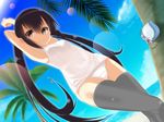  arms_up bad_id bad_pixiv_id black_hair brown_eyes day dutch_angle grey_legwear k-on! long_hair masamuuu nakano_azusa one-piece_swimsuit school_swimsuit solo swimsuit thighhighs twintails white_school_swimsuit white_swimsuit 