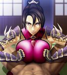  1boy 1girl angry bad_anatomy black_eyes black_hair bodysuit breasts clothed_female_nude_male female fingerless_gloves gloves indoors long_hair looking_at_viewer necrolust paizuri paizuri_over_clothes penis ponytail pov pov_eye_contact serious shoulder_pads skindentation soul_calibur soulcalibur_iv taki taki_(soulcalibur) tatami uncensored 