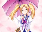  blonde eyes_closed game_cg happy itsuka_todoku_ano_sora_ni long_hair mitora_mememe moekibara_fumitake school_uniform twin_tails umbrella 