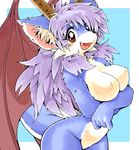  breasts female hi_res holding_breasts horn horns looking_at_viewer mk2 nipples purple_hair snack solo unknown_species wings 