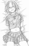  arms_behind_back bad_id bad_pixiv_id blush female_protagonist_(houkago_play_2) freckles glasses greyscale houkago_play houkago_play_2 jun_(666) midriff monochrome navel school_uniform serafuku sketch solo 