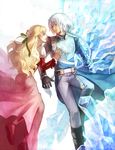  1girl armor aruk belt blonde_hair blue_eyes boots bow braid claire_bennett couple dress flower green_eyes hair_flower hair_ornament half_updo hetero ice knee_boots long_hair pants ribbon smile tales_of_(series) tales_of_rebirth veigue_lungberg white_hair 