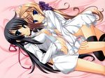  2girls bed black_hair blue_eyes brown_hair kanou_kayoko koiiro_soramoyou long_hair no_bra nopan ruchie shinohara_sera thighhighs 