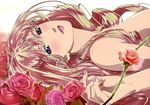  absurdres blonde_hair blue_eyes earrings flower highres jewelry lips lipstick long_hair looking_at_viewer lying macross macross_frontier makeup marufuji_hirotaka nail_polish official_art on_back parted_lips red_flower red_rose rose scan sheryl_nome single_earring solo 