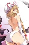  :q absurdres ass back bad_id bad_pixiv_id blonde_hair bonnet bow breasts elbow_gloves eyes gap gloves hair_bow hair_over_breasts hat highres jpeg_artifacts long_hair looking_back medium_breasts naughty_face panties purple_eyes ribbon sam_ashton sideboob smile solo thighhighs tongue tongue_out topless touhou underwear underwear_only white_gloves white_legwear white_panties yakumo_yukari 