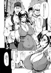  blush bracelet breasts camera cleavage comic earrings facial_hair greyscale highres huge_breasts jewelry monochrome mustache necklace office_lady original skin_tight sleeveless solo_focus translation_request ya-zy 