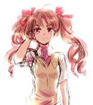  :3 ahoge backlighting bad_id bad_pixiv_id bangs bow breast_pocket brown_hair collared_shirt curly_hair dress_shirt hair_bow hand_in_hair hand_up long_hair pocket red_eyes school_uniform shirai_kuroko shirt short_sleeves simple_background sketch smile solo standing sweater_vest to_aru_kagaku_no_railgun to_aru_majutsu_no_index tsukuda0310 twintails upper_body white_background white_shirt wing_collar 