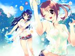  888 blue_eyes blue_hair brown_hair denim denim_shorts flower long_hair multiple_girls original ponytail see-through shorts tank_top wallpaper water wet wet_clothes 