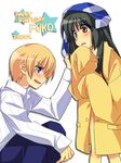  1girl blonde_hair blue_eyes blush brown_eyes clannad couple from_side ibuki_fuuko long_sleeves looking_at_viewer profile raincoat satomi_yoshitaka shirt sidelocks sleeves_past_fingers sleeves_past_wrists squatting sunohara_youhei white_background white_shirt 