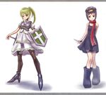  360_safeguard animal_costume armor bird black_eyes black_hair black_legwear boots cross green_eyes green_hair knife letterboxed long_hair multiple_girls original os-tan pantyhose penguin penguin_costume personification ponytail scarf shield skirt sword tencent_qq weapon zhengyifan7 