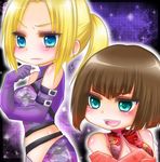  2girls anna_williams bare_shoulders blonde_hair blue_eyes brown_hair chibi kiraki multiple_girls namco nina_williams pontytail ponytail short_hair siblings sisters smile tekken 