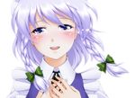 blue_dress blue_eyes blush bow braid close-up confession dress genjuu_rou hair_bow hands_on_own_chest happy_tears izayoi_sakuya looking_at_viewer maid open_mouth short_hair silver_hair smile solo tears touhou twin_braids 