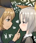  animal_ears bad_id bad_pixiv_id blush brave_witches brown_eyes brown_hair edytha_rossmann finger_to_mouth fox_ears grey_eyes grey_hair hat heart highres military military_uniform multiple_girls short_hair smile sweatdrop uniform waltrud_krupinski world_witches_series yuri zumi_(tk) 