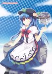  balancing blue_hair boots bow cloud day doujinshi dress food fruit hat highres hinanawi_tenshi kanan keystone long_hair non-web_source one_eye_closed peach red_eyes sitting solo touhou 