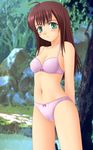  1girl belly bra brown_hair cleavage frog_series green_eyes navel pantsu pink_bra pink_panties smug tyurru wide_hips with 