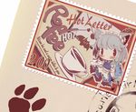  animal_ears blush braid chibi dog_ears izayoi_sakuya kemonomimi_mode postage_stamp postmark solo takahero tea touhou twin_braids 