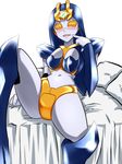  android bed belly_button blush fr_(artist) gold_eyes gynoid inviting long_hair navel pillow robot robot_girl spread_legs yellow_eyes 