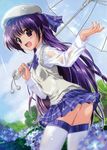  absurdres ass blush brown_eyes flower highres komatsu_eiji long_hair no_panties original purple_hair solo thighhighs transparent transparent_umbrella umbrella wet wet_clothes wind wind_lift 