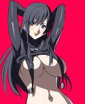  bad_id bad_pixiv_id black_hair blue_eyes bodysuit bodysuit_pull breasts gantz highres large_breasts light_smile long_hair mizore_syrup navel shimohira_reika simple_background skin_tight solo 