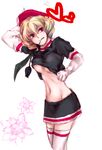  blonde_hair breasts domino_(pokemon) elbow_gloves flower gloves heart hips midriff mirrrrr navel pokemon red_eyes shirt_lift skirt team_rocket thighhighs tulip underboob 