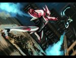  barnaby_brooks_jr battle blue_fire duel fire flying lunatic_(tiger_&amp;_bunny) male_focus multiple_boys power_armor power_suit sparks superhero tiger_&amp;_bunny yanagi_ryuuta 