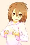  breast_hold breasts brown_eyes brown_hair highres i.u.y medium_breasts misaka_worst see-through smile solo to_aru_majutsu_no_index vietnamese_dress 