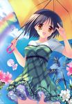  :d absurdres black_hair copyright_request dress highres open_mouth rainbow rei_(rei's_room) short_hair smile solo sundress teruterubouzu umbrella 