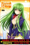  breasts c.c. cleavage code_geass creayus food green_hair large_breasts long_hair no_bra no_panties pocky solo typo 