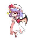  1girl bangs bat_wings black_eyes bow chibi collar collared_dress dairi dress eyebrows_visible_through_hair full_body hair_between_eyes hands_up hat hat_ribbon looking_to_the_side mob_cap no_shoes open_mouth pink_eyes puffy_short_sleeves puffy_sleeves purple_hair red_bow red_ribbon remilia_scarlet ribbon short_hair short_sleeves simple_background smile smug socks solo standing star_(symbol) tachi-e touhou transparent_background white_dress white_headwear white_legwear white_sleeves wings wrist_cuffs 