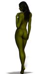  black_hair breasts butt female green_skin greenstreet hair hethra looking_back looking_over_shoulder nude orc plain_background pointy_ears side_boob solo white_background 