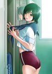  absurdres bangs black_hair blush brown_eyes buruma cowboy_shot from_side gym_uniform highres indoors legs locker locker_room looking_at_viewer looking_back love_plus love_plus_plus mino_tarou mirror official_art short_hair short_sleeves solo surprised takane_manaka 