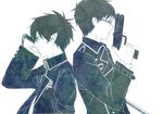  2boys ao_no_exorcist back-to-back black_hair blue_eyes brother brothers gun handgun male male_focus monochrome multiple_boys necktie okumura_rin okumura_yukio pointy_ears school_uniform siblings simple_background student sword transparent_background uniform weapon 