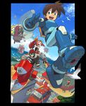  4girls absurdres aero aircraft airship armor barrett_(rockman_dash) bird brown_hair building cloud crotch_plate data_(rockman_dash) day detached_sleeves goggles green_eyes highres ishikawa_hideki kobun multiple_boys multiple_girls official_art pink_hair red_hair rock_volnutt rockman rockman_dash rockman_dash_3 roll_caskett seagull sky teisel_bonne tron_bonne water 