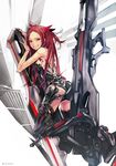  android armor ass bare_shoulders beatless black_legwear boots breasts from_behind grin highres kouka_(beatless) long_hair looking_back medium_breasts red_eyes red_hair redjuice revision science_fiction sideboob simple_background smile solo straddling thigh_boots thighhighs 