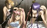  3girls busujima_saeko cleavage glasses gun highschool_of_the_dead miyamoto_rei panties sword takagi_saya tanaka_masayoshi underwear weapon 