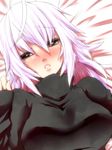  ahoge bed bed_sheet breasts close-up hair_down jin_(mugenjin) large_breasts lips long_hair long_sleeves lying on_back red_eyes solo sweater upper_body vocaloid voyakiloid white_hair yowane_haku 