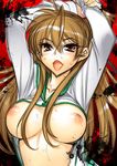  arms_up bangs breasts brown_eyes brown_hair highschool_of_the_dead hiyohiyo large_breasts lowres miyamoto_rei nipples open_clothes open_mouth open_shirt oppai sweat 