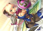  blonde_hair breasts cassandra_alexandra cleavage elbow_gloves gloves green_eyes large_breasts long_hair necktie pantyhose pink_neckwear ponytail shield solo soulcalibur soulcalibur_iv sword weapon yn_red 