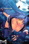  bell blue_hair breasts chain choker cleavage cloud downblouse fingerless_gloves gloves happy highres japanese_clothes keg kimono large_breasts long_hair moon night ninja ninjatou open_mouth rance_(series) reverse_grip ribbon sandals sengoku_rance short_kimono shuriken sky slit_pupils smile solo suzume_(rance) tattoo thighhighs tree weapon yellow_eyes zettai_ryouiki 