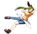  bandages boots clothes_around_waist explosive full_body green_eyes green_hair grenade gun handgun higurashi_no_naku_koro_ni jacket_around_waist long_hair midriff misumi_kouji mouth_hold navel pistol ponytail simple_background solo sonozaki_mion torn_clothes weapon 